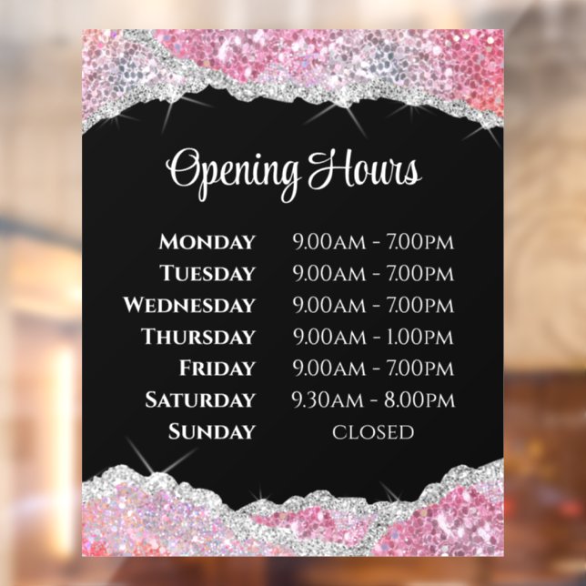 Faux Pink Glitter Opening Hours Window Cling (Sheet 2)