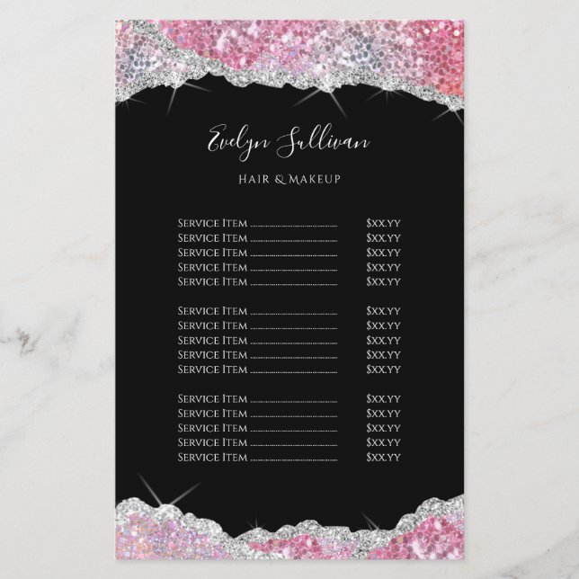 Faux pink glitter price list flyer (Front)