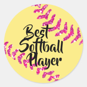 Faux Pink Glitter Softball Stitches Classic Round Sticker