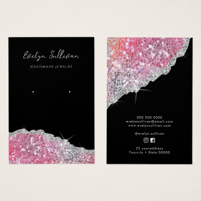 Faux pink iridescent glitter earring display card (Front & Back)