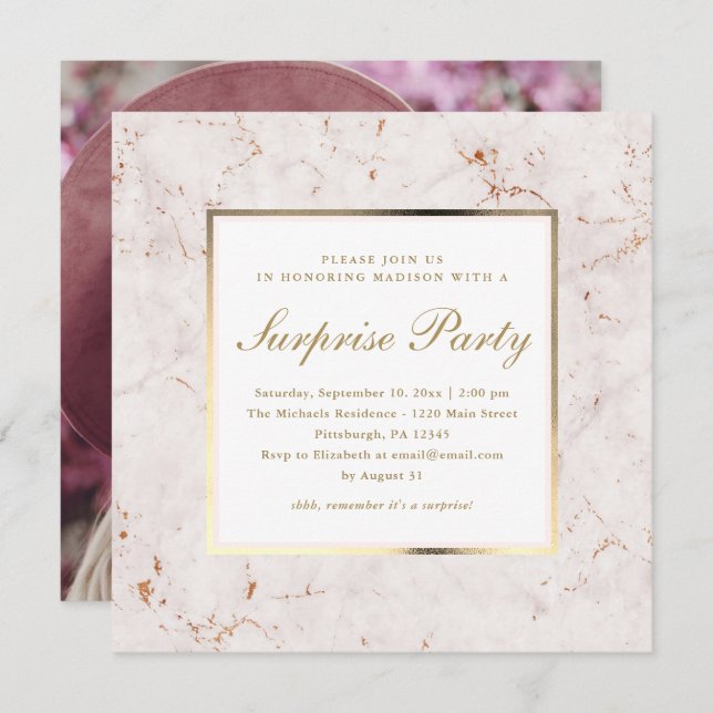 Faux Pink Marble with Photo Surprise Party Invitation (Front/Back)