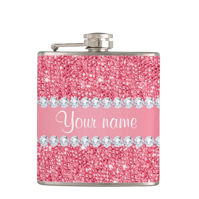 Faux Pink Sequins and Diamonds Hip Flask (Front)