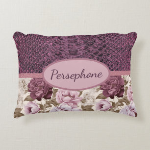 Faux plum snakeskin floral decorative cushion