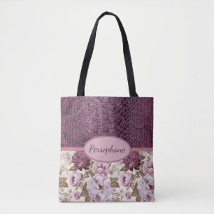 Faux plum snakeskin floral tote bag