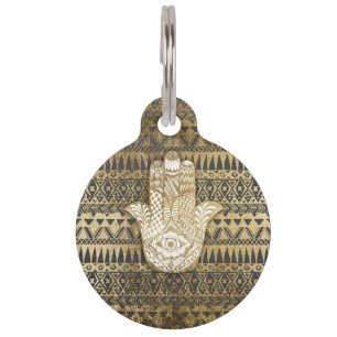 Faux Print Gold Hamsa Hand and Tribal Aztec Pet Tag