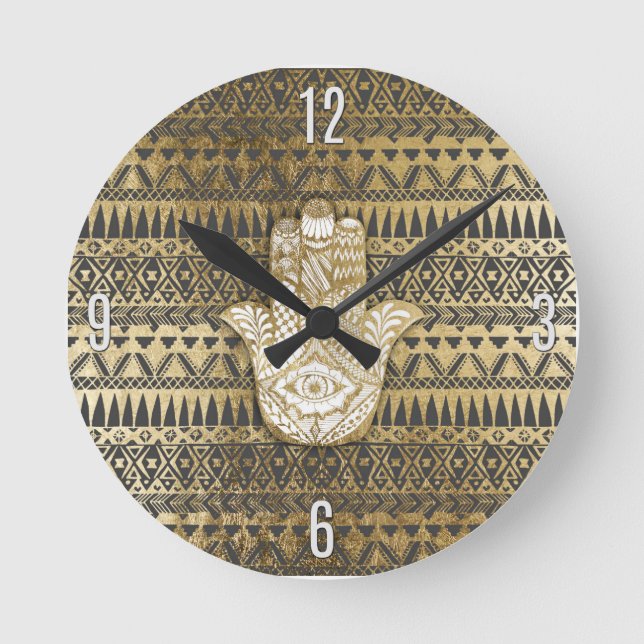 Faux Print Gold Hamsa Hand and Tribal Aztec Round Clock (Front)