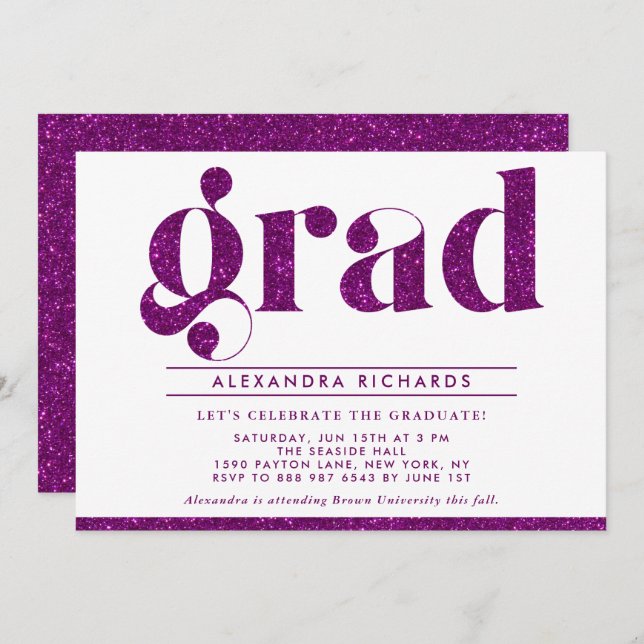 Faux Purple Glitter Graduation Party Invitation (Front/Back)