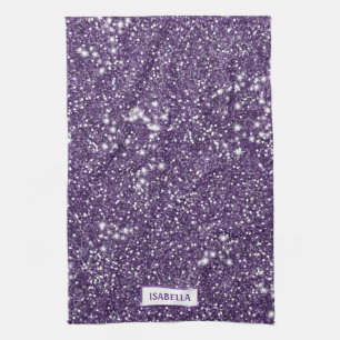 Faux Purple Glitter Texture Look With Custom Name Tea Towel