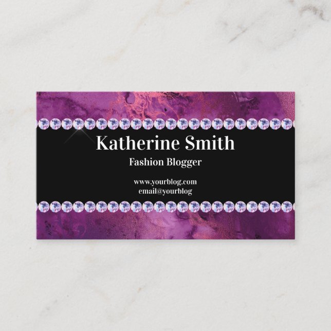 Faux Purple Marble and Rhinestone Fashion Blogger Business Card (Front)
