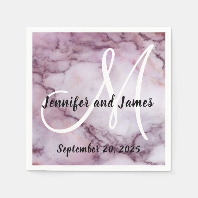 Faux Purple Marble Monogram Names Wedding Napkin (Front)