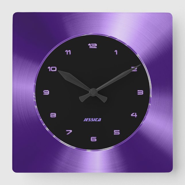 Faux Purple Metallic Design Stainless Steel Look Square Wall Clock (Front)