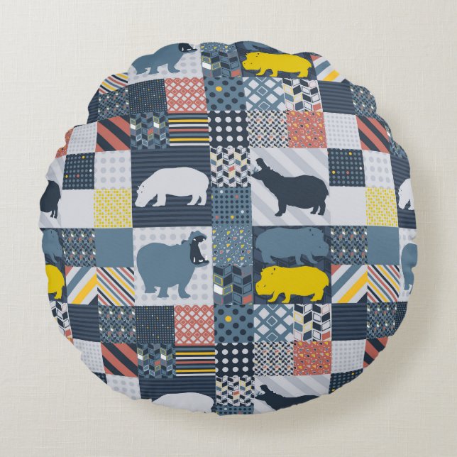 Faux-Quilted Hippos Round Cushion (Front)