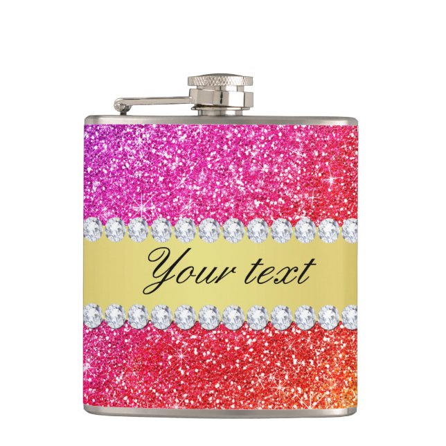 Faux Rainbow Glitter Diamonds Personalised Hip Flask (Front)