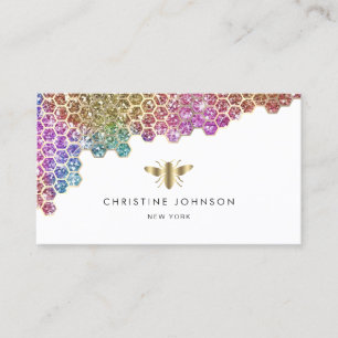 faux rainbow glitter honeycomb and golden bee business card