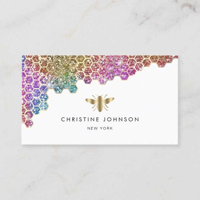 faux rainbow glitter honeycomb and golden bee business card (Front)