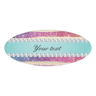 Faux Rainbow Glitter Stripes Diamonds Gold Name Tag