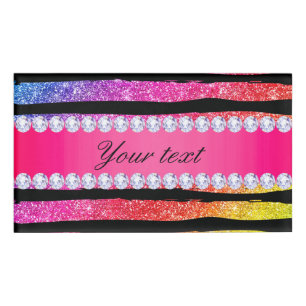 Faux Rainbow Neon Glitter Stripes Diamonds Black Name Tag