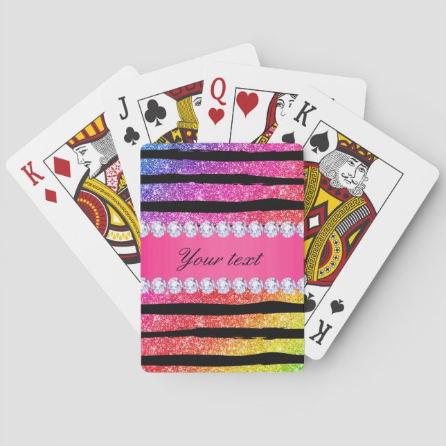 Faux Rainbow Neon Glitter Stripes Diamonds Black Playing Cards (Back)