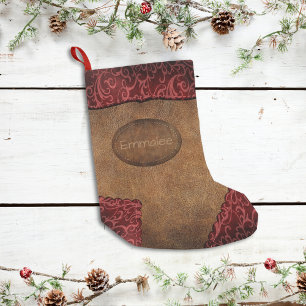 Faux Red Brown Monogram Leather Small Christmas Stocking