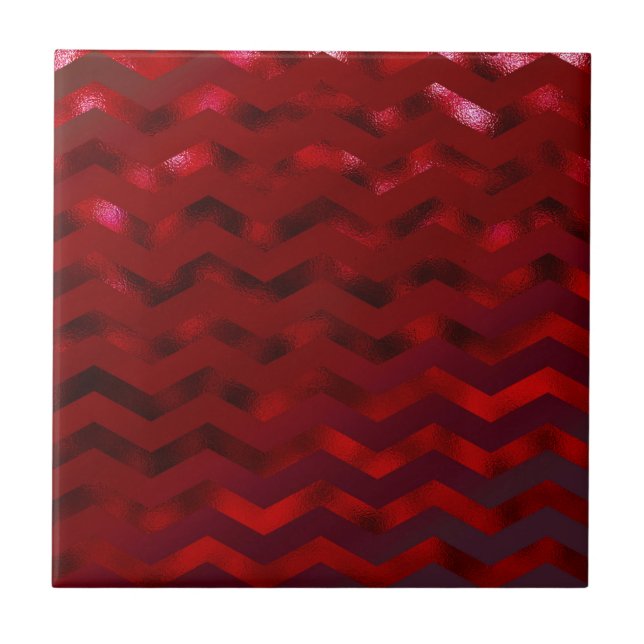 Faux Red Burgundy Black Foil Texture Chevron Ceramic Tile (Front)