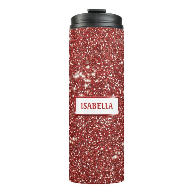 Faux Red Glitter Texture Look With Custom Name Thermal Tumbler (Front)