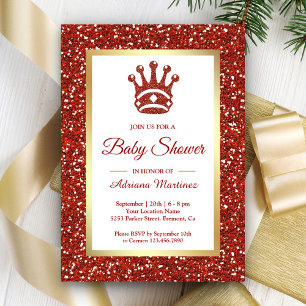 Faux Red Glitter Tiara Princess Baby Shower Invitation