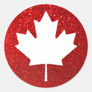 Faux Red Glitter White Maple Leaf Classic Round Sticker