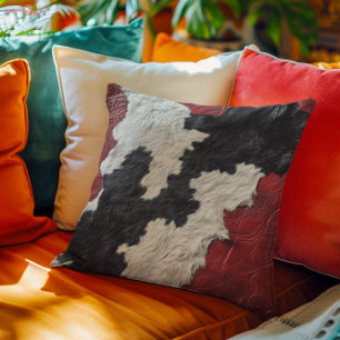 Faux Red Leather Cow Spotted Hide fur Cushion