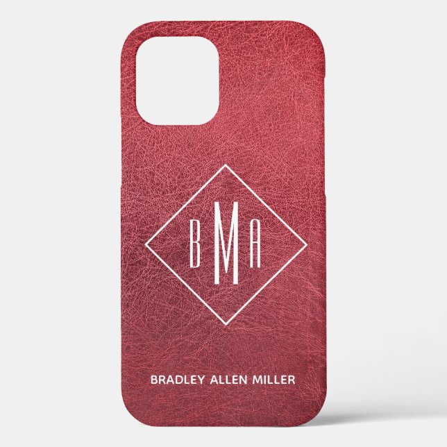 Faux Red Leather White Monogram Personalised Case-Mate iPhone Case (Back)