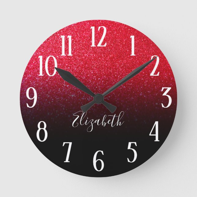 Faux Red Sparkly Glitter Black Ombre Round Clock (Front)