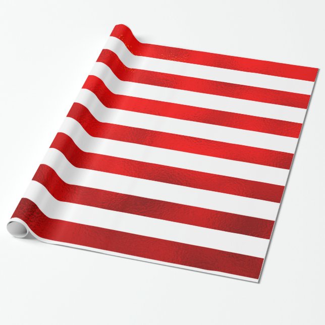 Faux Red White Horizontal Stripes “Candy Stripe” Wrapping Paper (Unrolled)