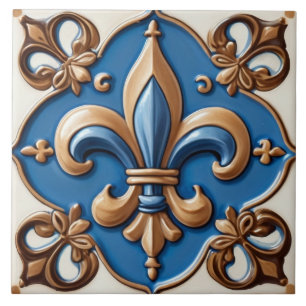 Faux Relief Blue & Gold Fleur de Lis Ceramic Tile