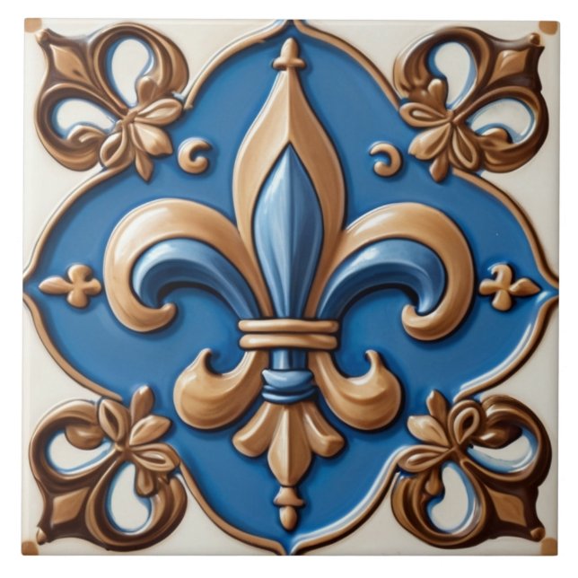 Faux Relief Blue & Gold Fleur de Lis Ceramic Tile (Front)