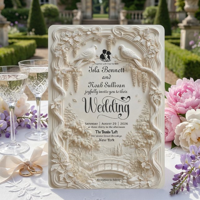 Faux Relief Carved Pastoral Birds Wedding Invitation (Creator Uploaded)