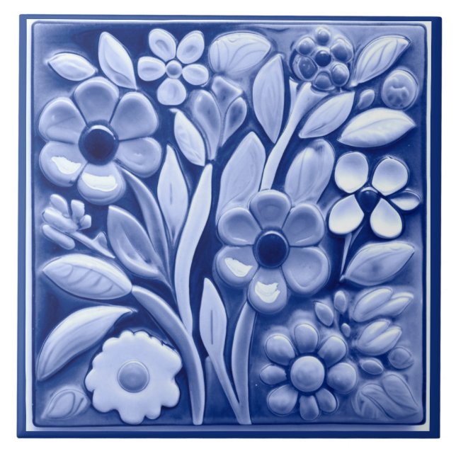 Faux Relief Dark Blue Floral Flowers Ceramic Tile (Front)