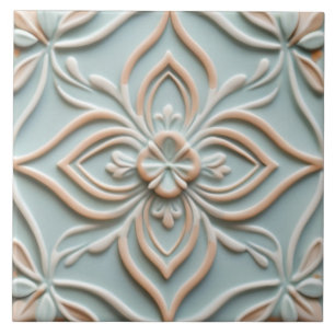 Faux Relief Mint Blue Flower Boho Floral Ceramic Tile