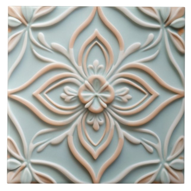 Faux Relief Mint Blue Flower Boho Floral Ceramic Tile (Front)
