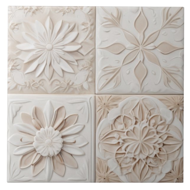 Faux Relief Pastel Beige & White Abstract Floral Ceramic Tile (Front)