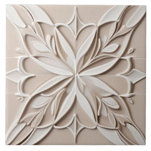 Faux Relief Pastel Beige & White Abstract Floral Ceramic Tile