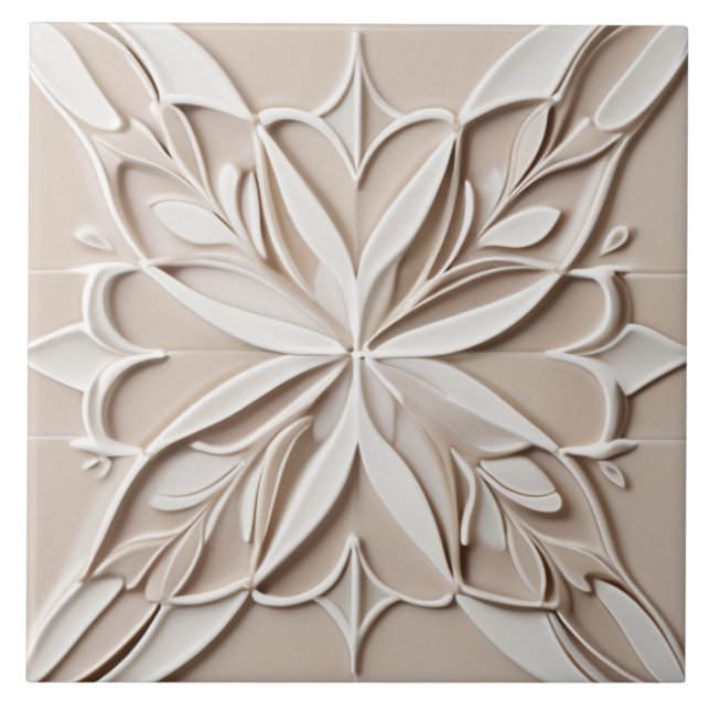 Faux Relief Pastel Beige & White Abstract Floral Ceramic Tile (Front)