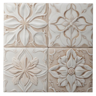 Faux Relief - Pastel Beige & White Abstract Floral Ceramic Tile