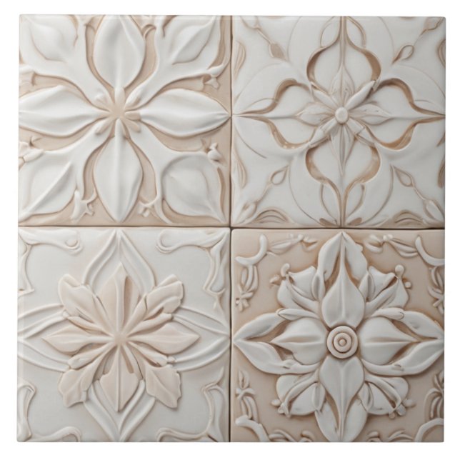 Faux Relief - Pastel Beige & White Abstract Floral Ceramic Tile (Front)