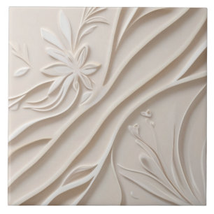 Faux Relief Pastel Beige & White Abstract Floral Ceramic Tile