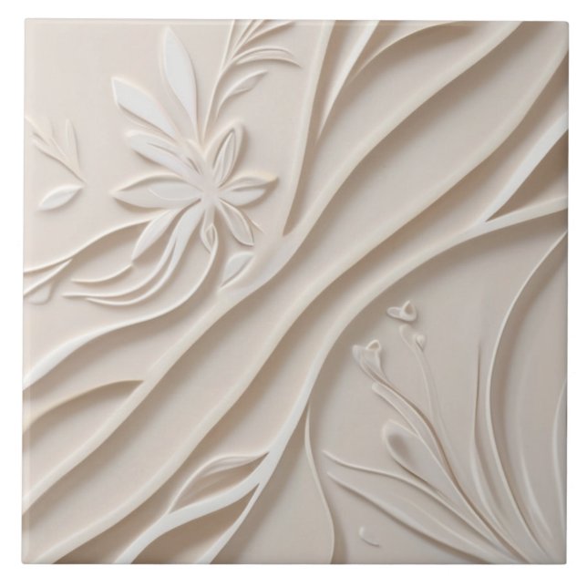 Faux Relief Pastel Beige & White Abstract Floral Ceramic Tile (Front)
