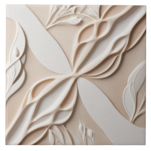 Faux Relief Pastel Beige & White Abstract Floral Ceramic Tile