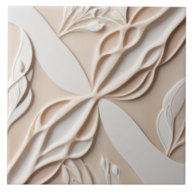 Faux Relief Pastel Beige & White Abstract Floral Ceramic Tile (Front)