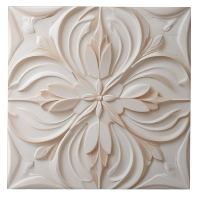 Faux Relief Pastel Beige & White Decorative Flower Ceramic Tile (Front)