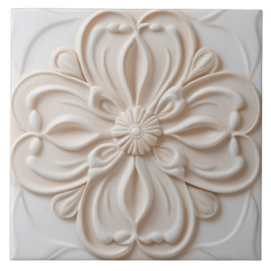 Faux Relief Pastel Beige & White Decorative Flower Ceramic Tile