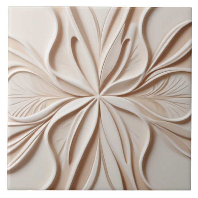 Faux Relief Pastel Beige & White Modern Abstract Ceramic Tile (Front)