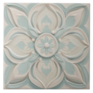 Faux Relief Pastel Mint Blue & White Floral Ceramic Tile